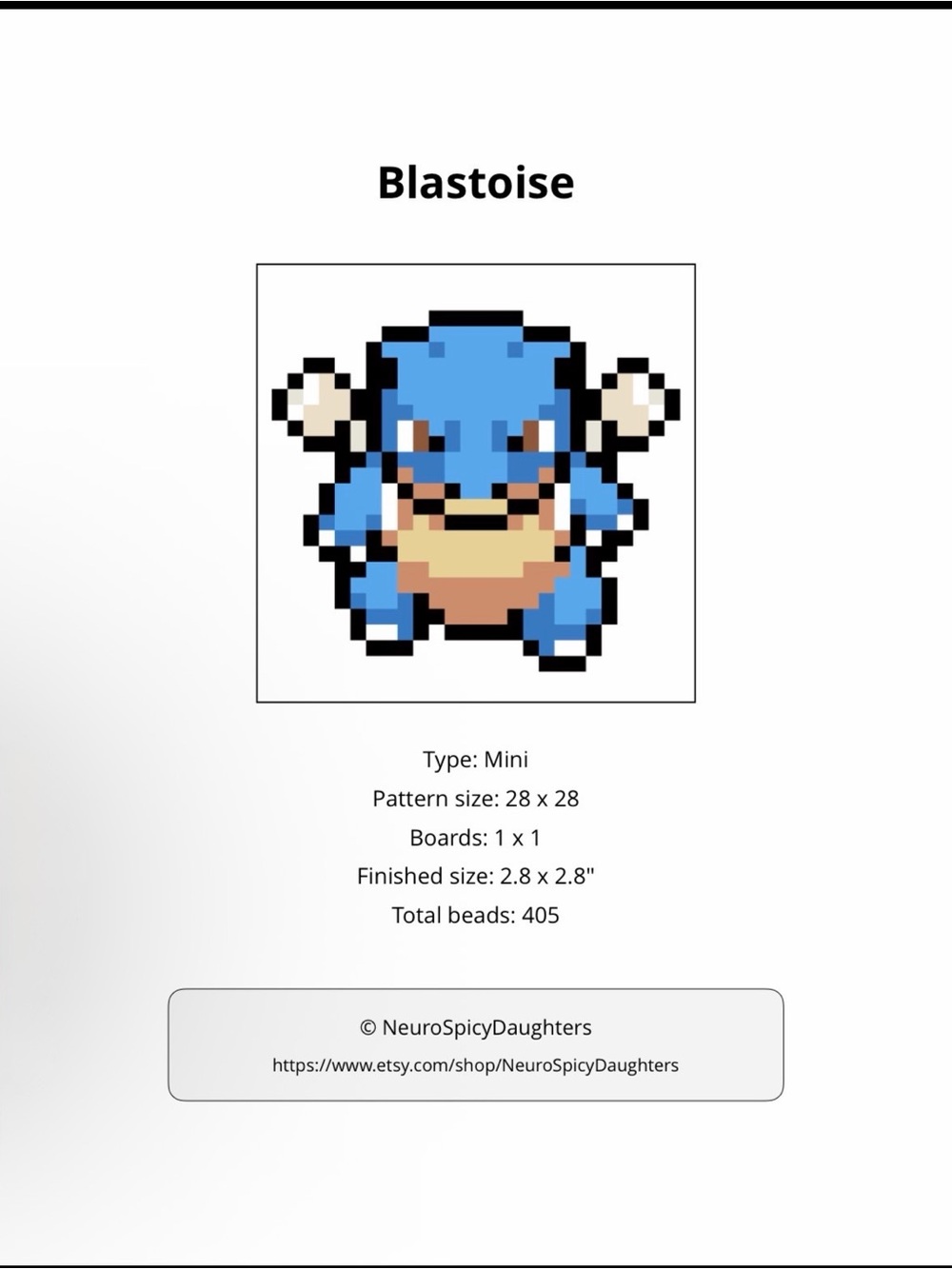 PHYSICAL COPY Pokemon Blastoise Pixel Art Bead Pattern - Blue, Tan, Black, White
